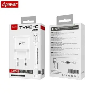 Chargeur Secteur USB d-power J8516 15W avec Câble Data USB vers USB-C (1.2m) Blanc
