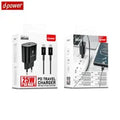 Chargeur Secteur USB-C d-power J8548B Charge Rapide 25W avec Câble Data USB-C vers USB-C Noir