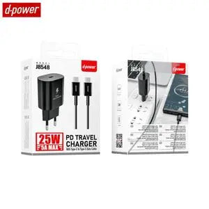 Chargeur Secteur USB-C d-power J8548B Charge Rapide 25W avec Câble Data USB-C vers USB-C Noir
