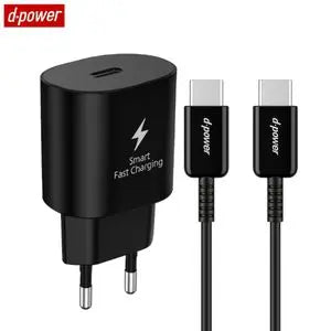 Chargeur Secteur USB-C d-power J8548B Charge Rapide 25W avec Câble Data USB-C vers USB-C Noir