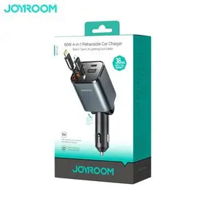 Chargeur Allume-Cigare JOYROOM JR-CCL05 4 en 1 (avec Câble Rétractable USB-C + Lightning) 50W Gris Foncé