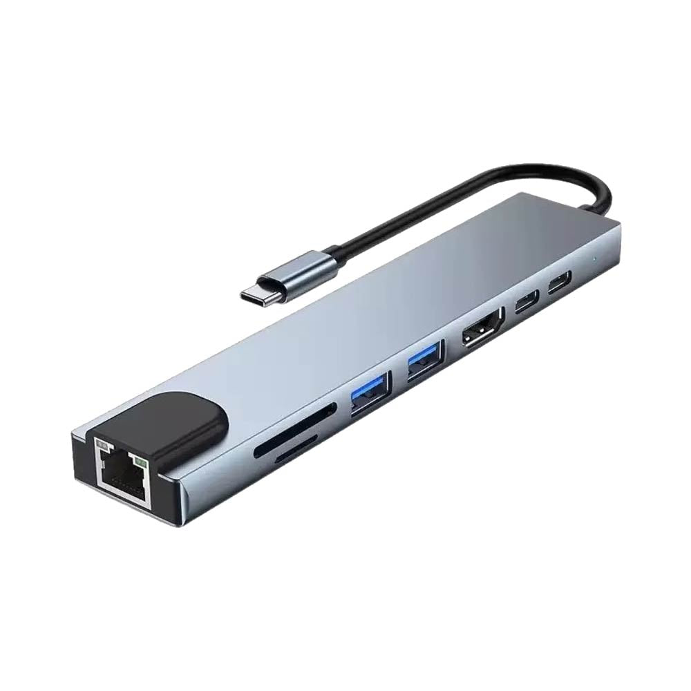 Hub USB-C (8-en-1) vers HDMI 4K + Ethernet RJ45 + USB-C x2 + USB-A x2 + SD/TF(micro SD) - Gris