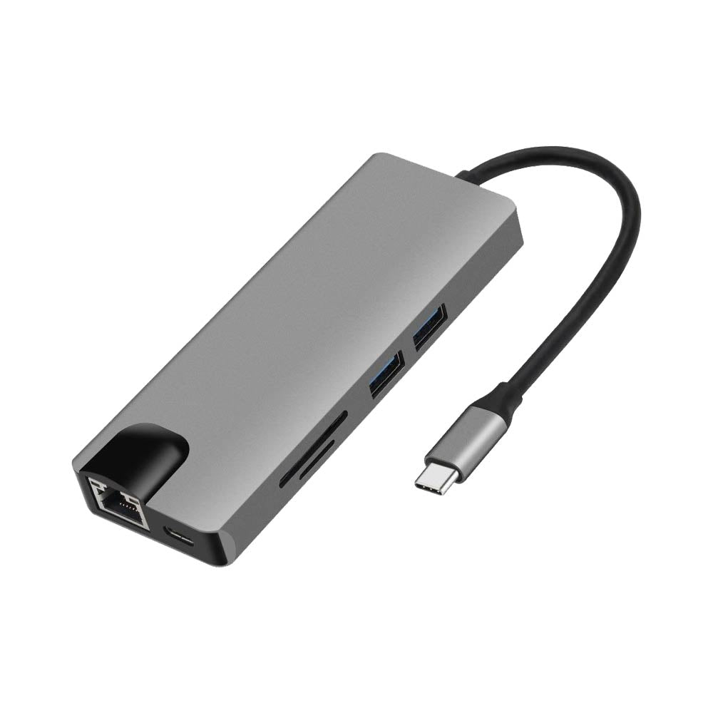 Hub USB-C (8-en-1) vers HDMI 4K + Ethernet RJ45 + USB-C + USB 3.0 x2 + VGA + SD/TF(micro SD) - Gris