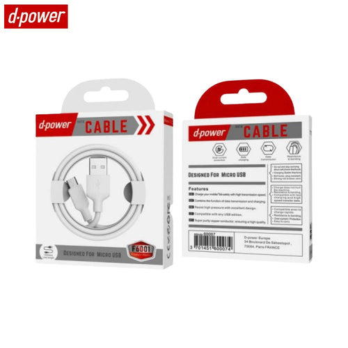 Câble Data USB vers Micro USB d-power F6001 1m Blanc - RM34 Repair Mobile Béziers