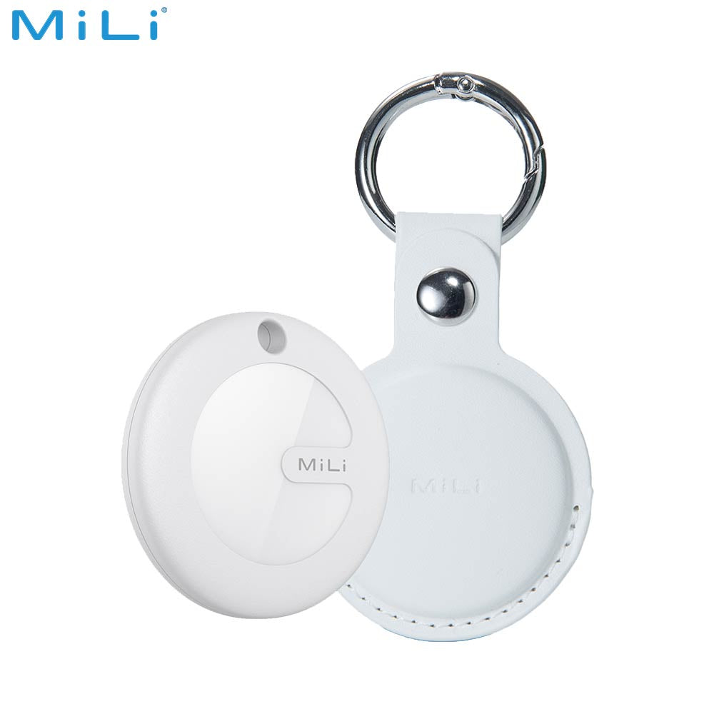 Traceur GPS MILI MiTag Duo avec Étui en Cuir PU Apple Find My & Google Find Hub Blanc