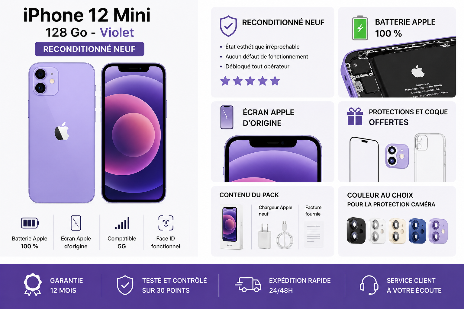 iPhone 12 Mini 128GB Purple - Refurbished Like New - 100% Apple Battery - Original Apple Screen