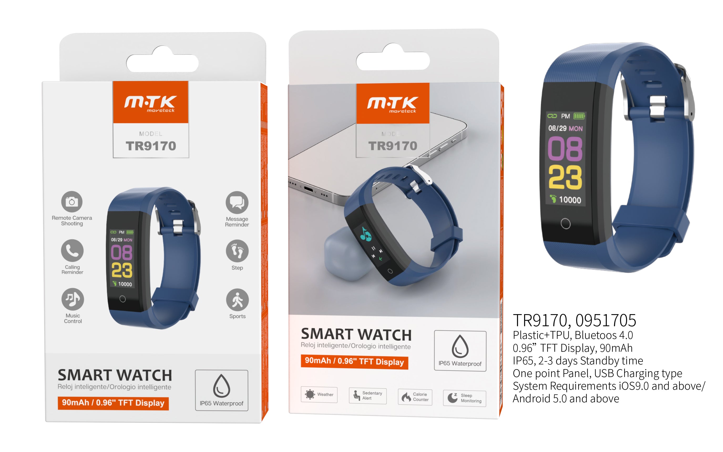 Montre connectée Smart Watch 90mAh – Bluetooth 4.0, écran TFT 0.96" – Bleue