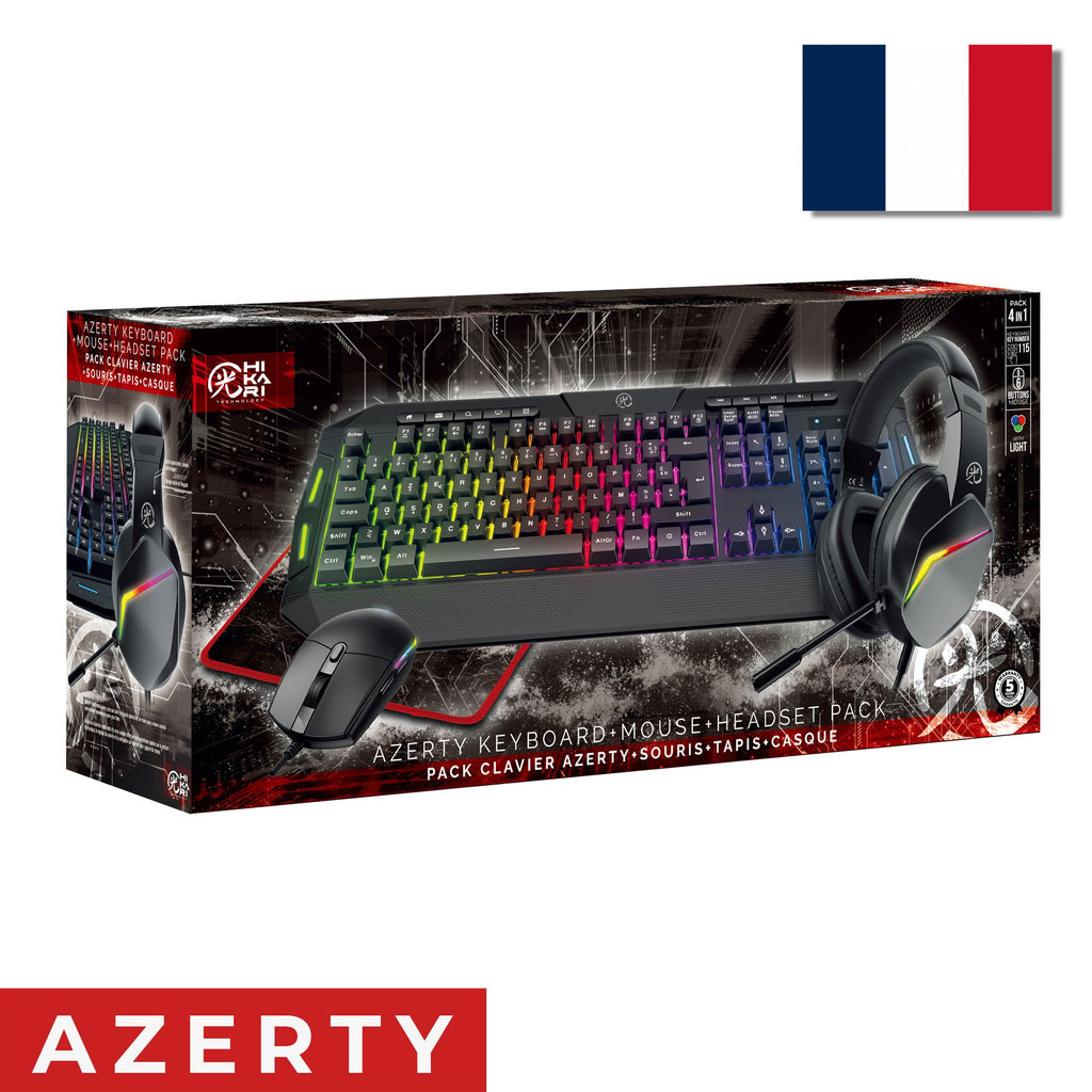 Pack 4en1 HIKARI RGB – Clavier PC AZERTY + Souris + Tapis + Casque