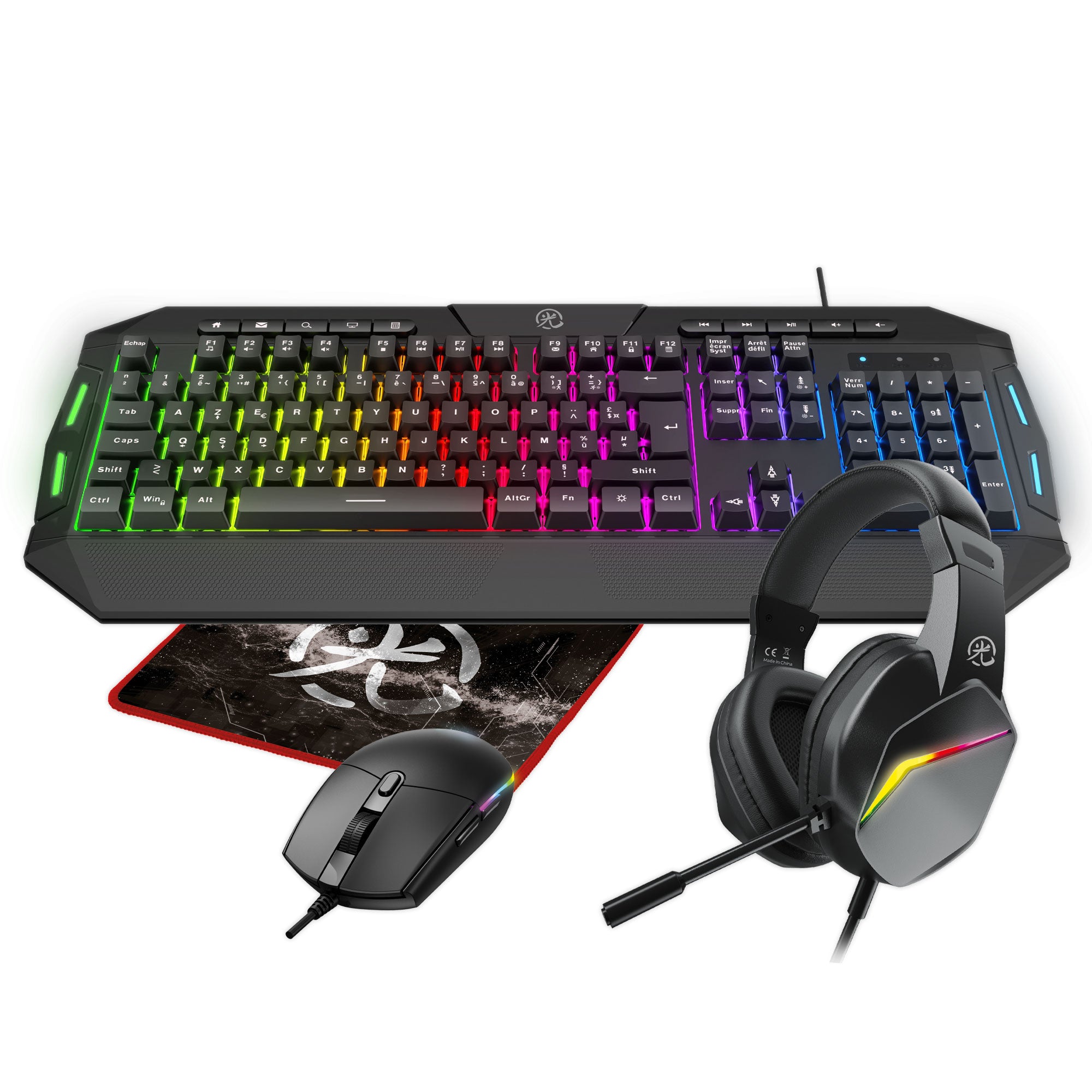 Pack 4en1 HIKARI RGB – Clavier PC AZERTY + Souris + Tapis + Casque